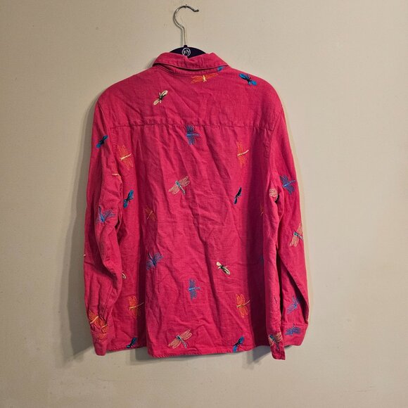 Women's Breckenridge Linen Blend Embroidered Button Down Blouse Hot Pink Size L - Picture 2 of 7